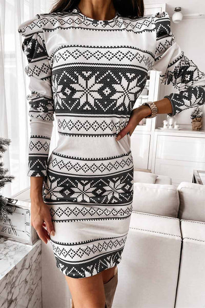 Fair Isle Snowflake Print Puff Shoulder Long Sleeve Bodycon Mini Dress