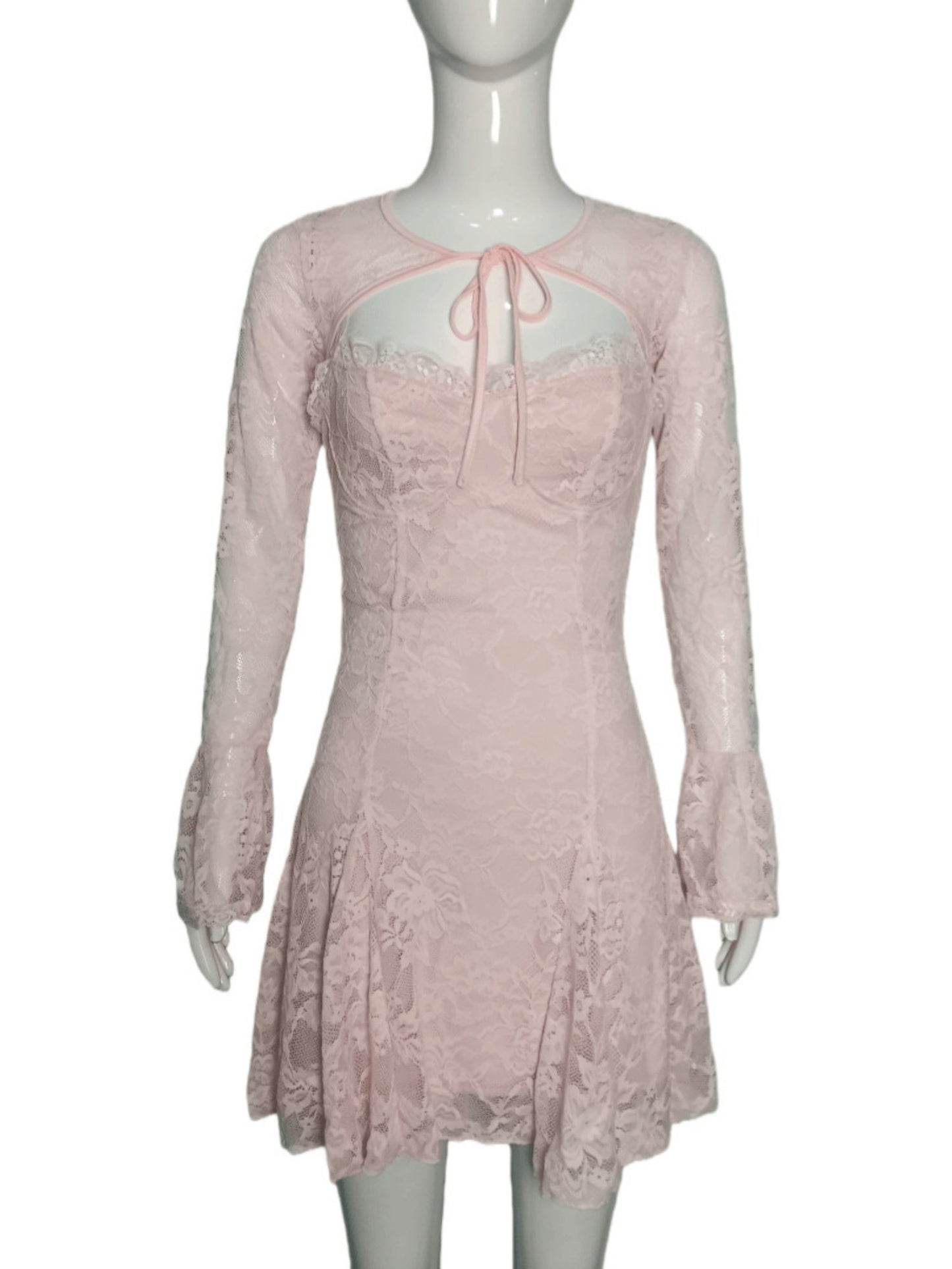 Lace Patchwork Hollow Out Straps Flared Long Sleeves Mini&Short Dresses