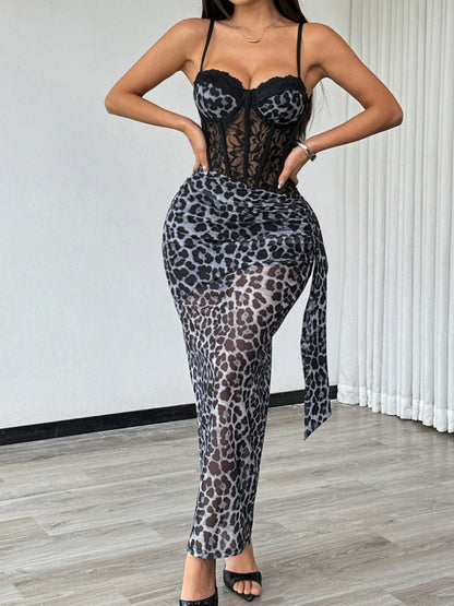 Leopard Print See-through Lace Patchwork Fishbone Maxi Dresses