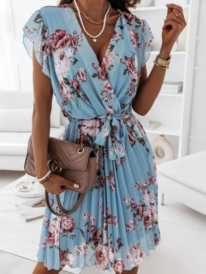 Ruffled Short-sleeved V-neck Floral Print Mini Dress