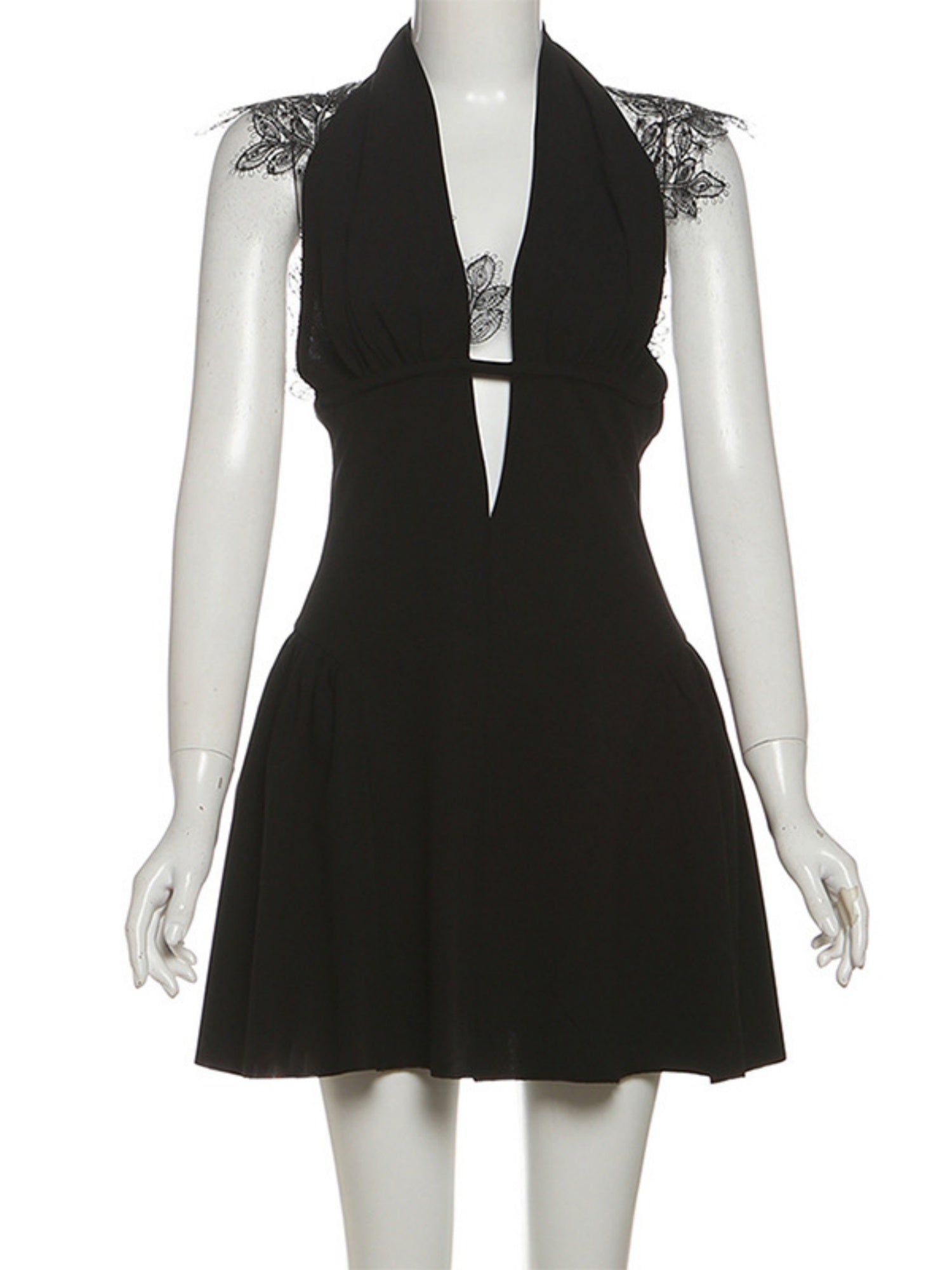 Lace Patchwork Halter Neck Deep V-neck Mini&Short Dresses