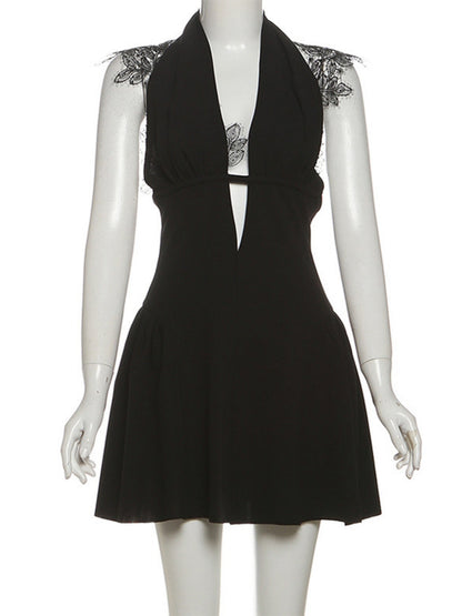 Lace Patchwork Halter Neck Deep V-neck Mini&Short Dresses