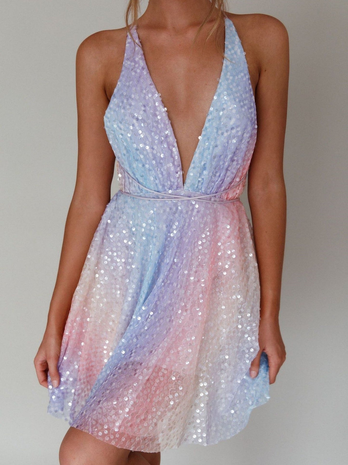 Sequins Bow Tie Deep V-neck Suspenders Backless Mini&Short Dresses