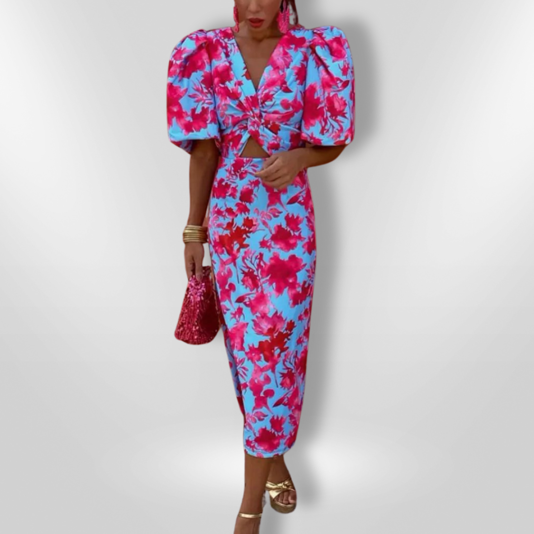 Abstract Print Puff Sleeve Deep V-Neck Ruched Bodycon Midi Dress