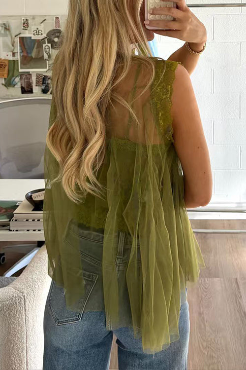 Mockneck Tulle Cover Up Top with Lace Camisole