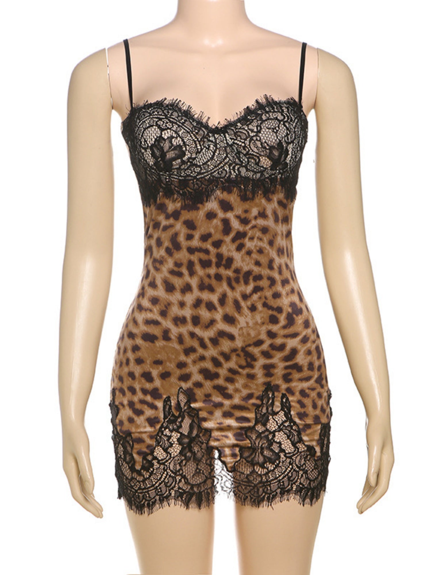 Leopard Print Lace Patchwork Spaghetti Strap Backless Mini&Short Dresses