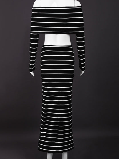 Striped Color Blocking Off-shoulder Long-sleeved T-shirt Long Bodycon Skirt 2-piece Sets