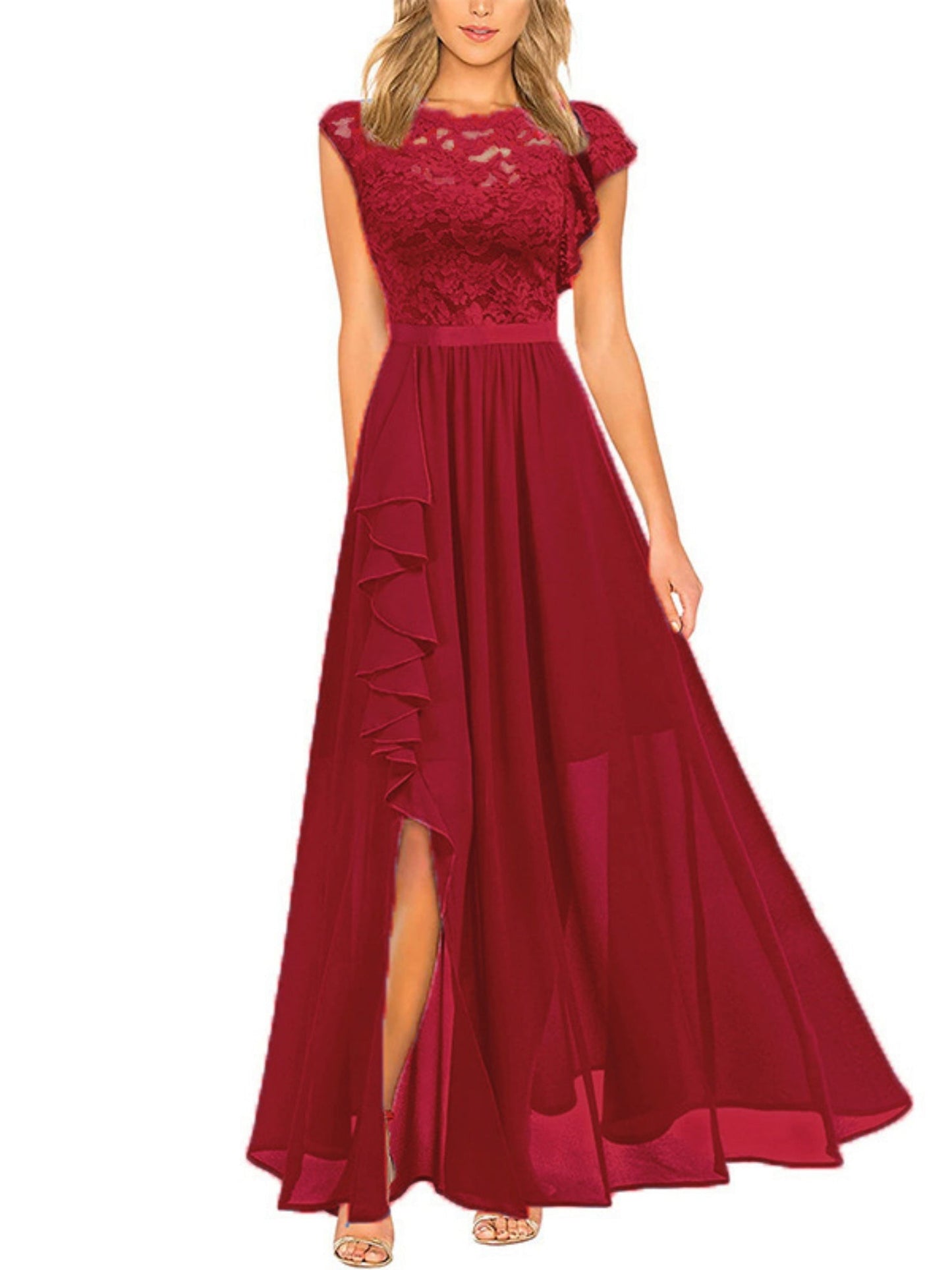Lace Cutout Lace Patchwork Short-sleeved Long Dress