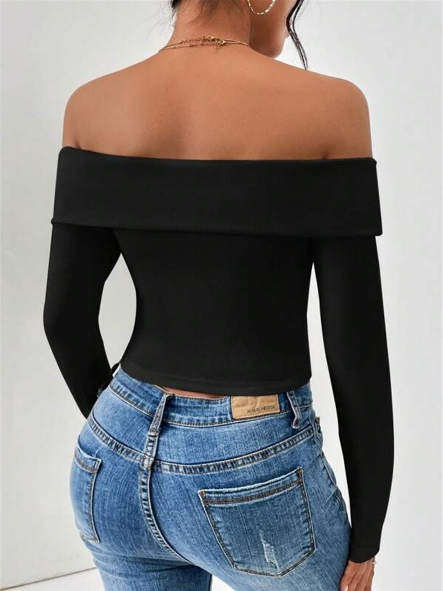 Off-shoulder Slim Fit Short Long-sleeved T-shirt