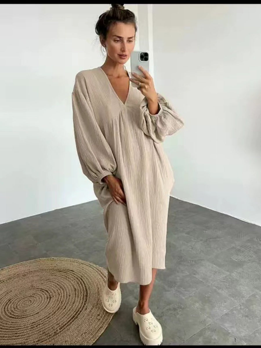 Cotton Blend Temperament V-neck Long Sleeve Loose-fit Home Vacation Mini&Short Dresses