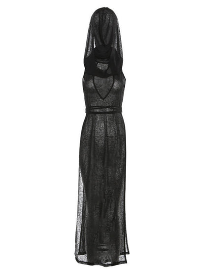 Mesh Splicing Hooded Sleeveless High Fork Maxi Dresses