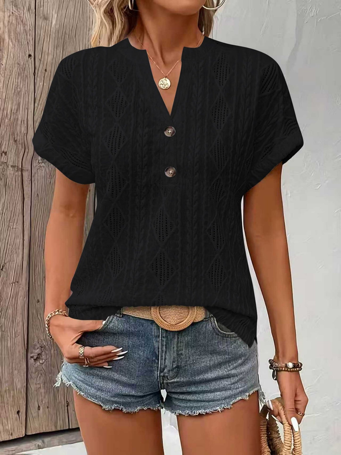 Knitting Buttons V-neck Short Sleeve T-shirts