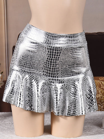 PU Leather Crocodile Pattern Stretch Short Skirt