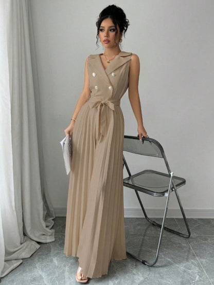 Commuting Suit Collar Pleated Pants Double-breasted Jumpsuits