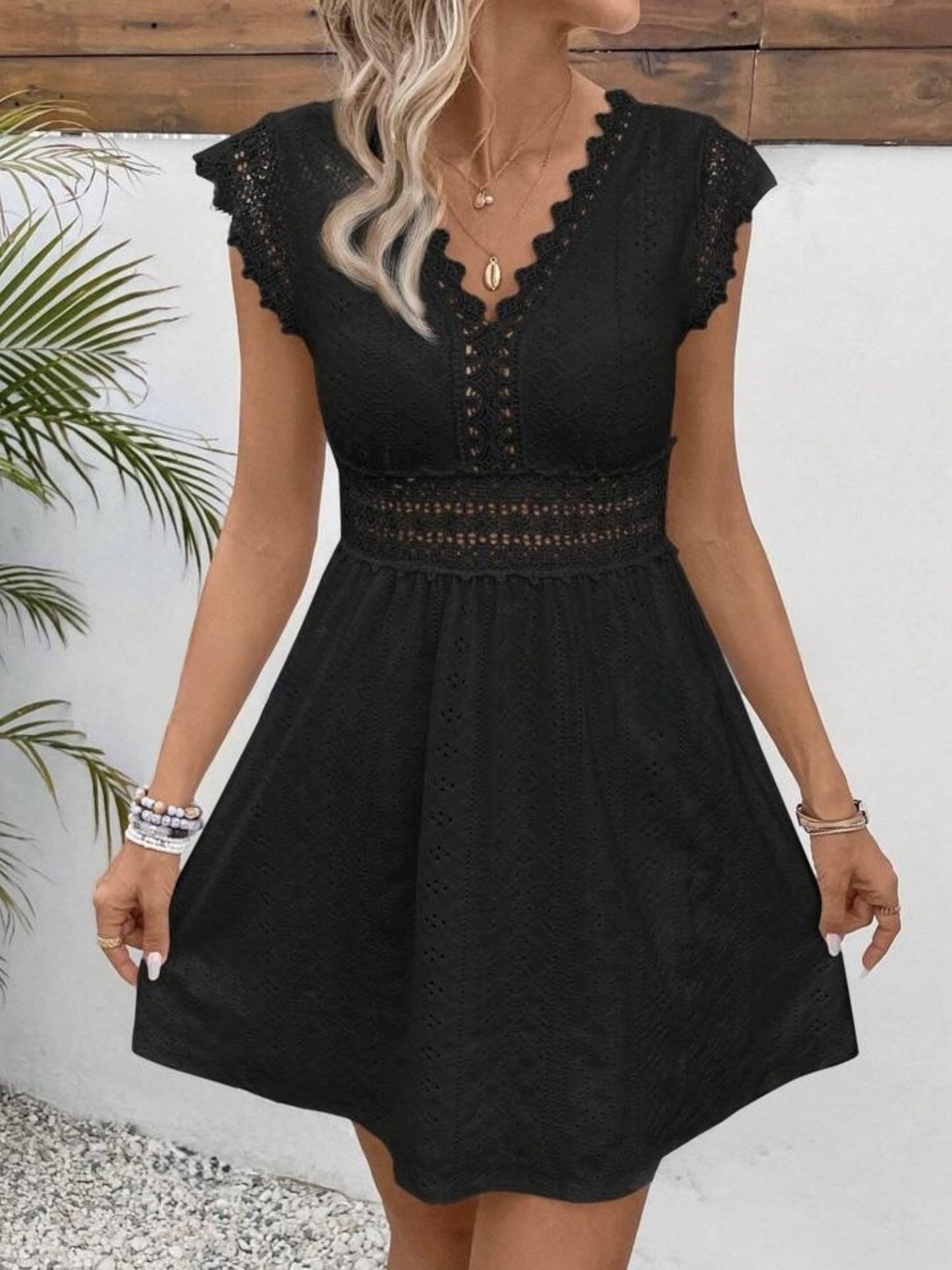 Lace Trim Openwork Jacquard V-neck, Fitted Waist Mini&Short Dresses
