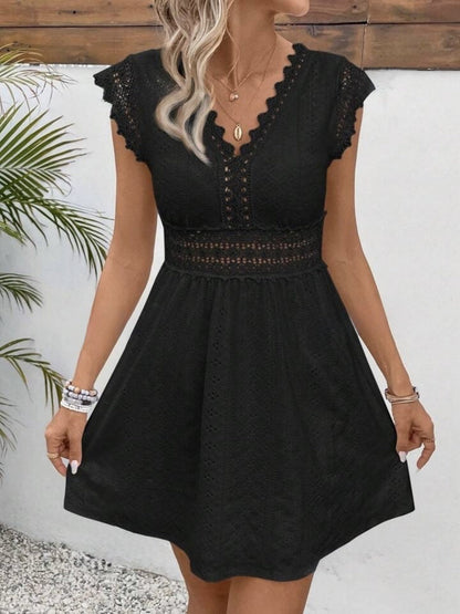 Lace Trim Openwork Jacquard V-neck, Fitted Waist Mini&Short Dresses
