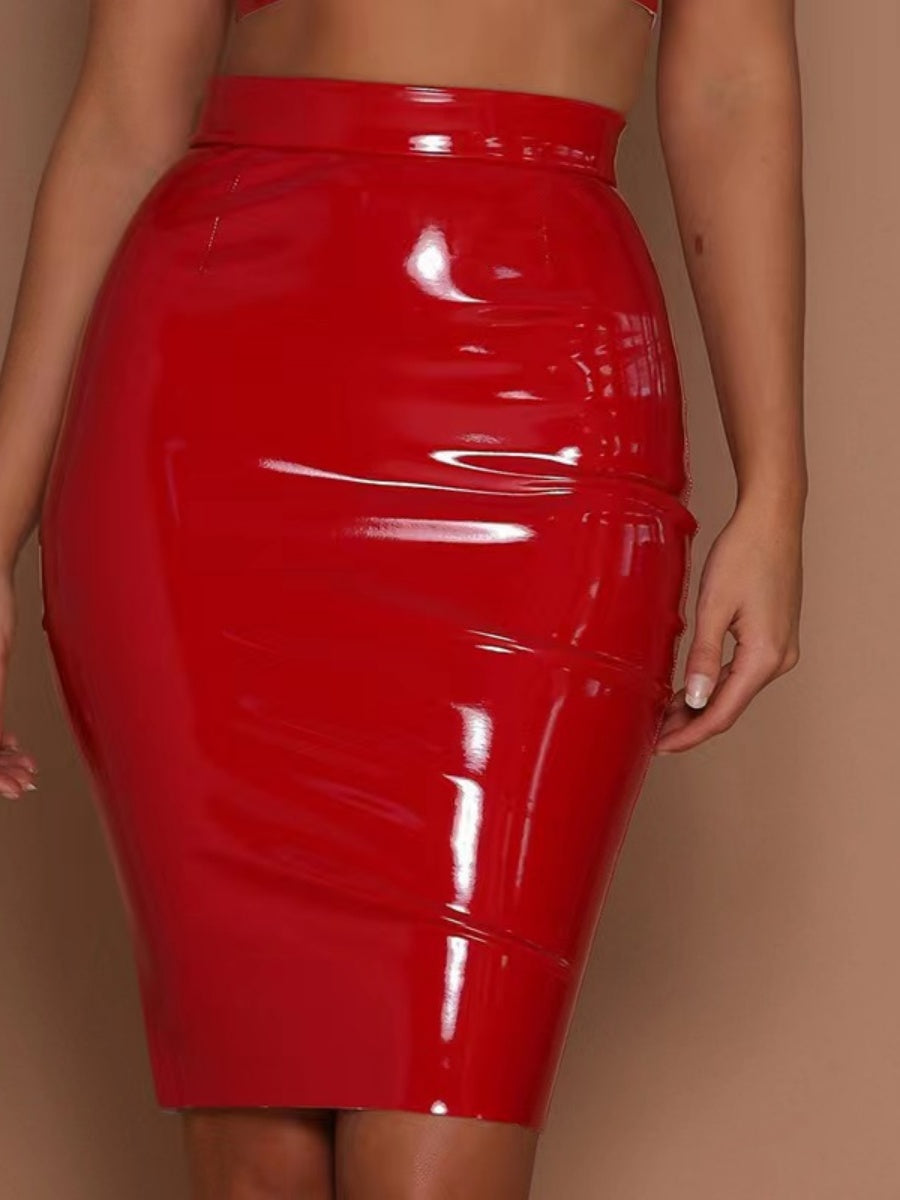 Glossy PU Leather Tight Fit Hip-hugging High Waist Zipper Skirts