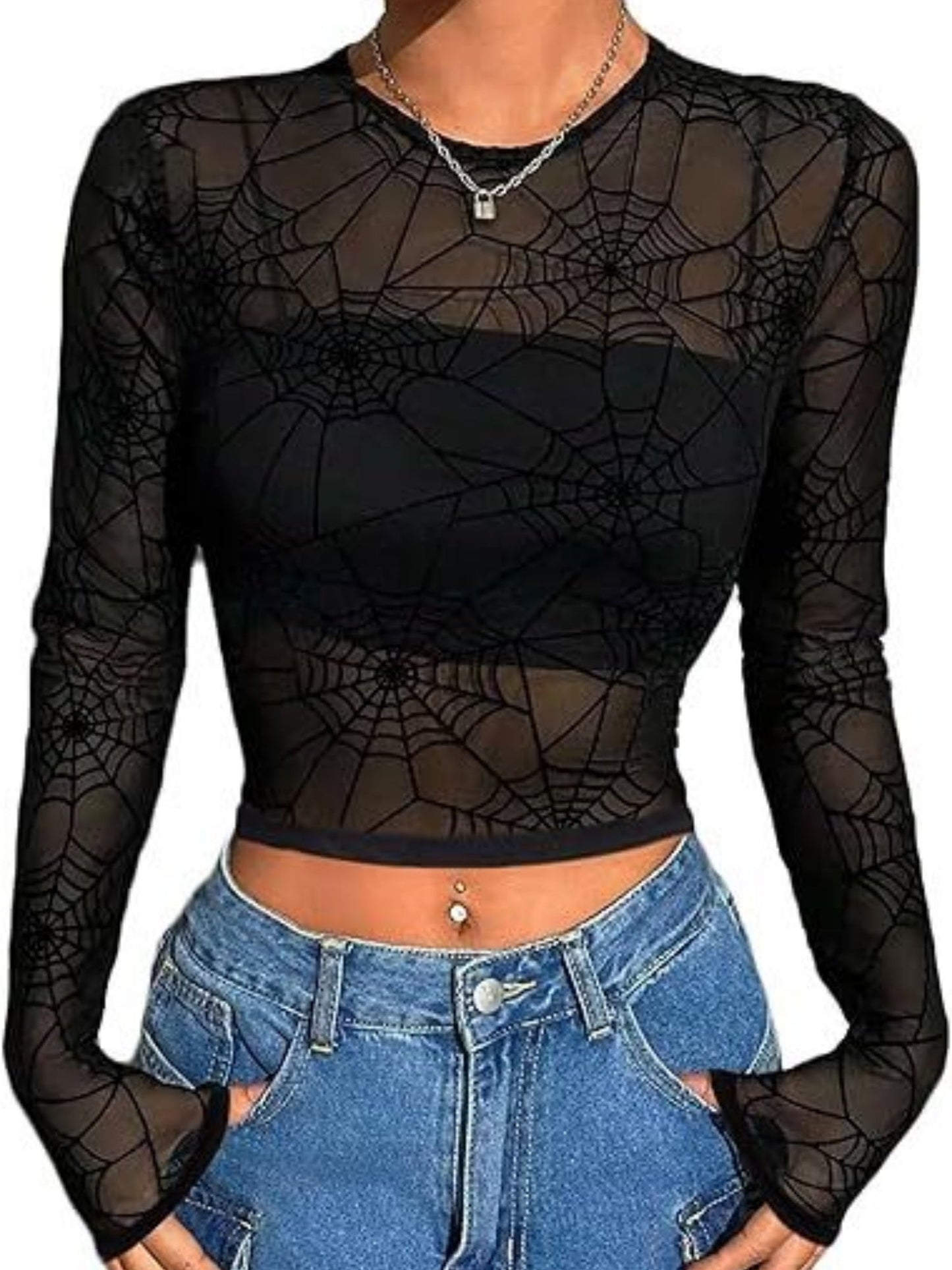 Mesh Transparent Flocking Printing Long-sleeved T-shirt