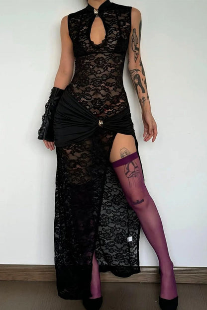 | Lace Cutout Metal Buckle High Slit Fitted Maxi Dress