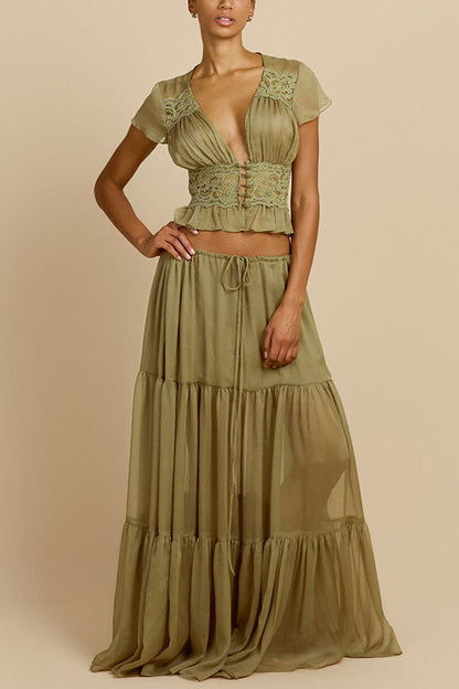 Sabrina Chiffon Mid Rise Adjustable Waist Tiered Silhouette Maxi Skirt