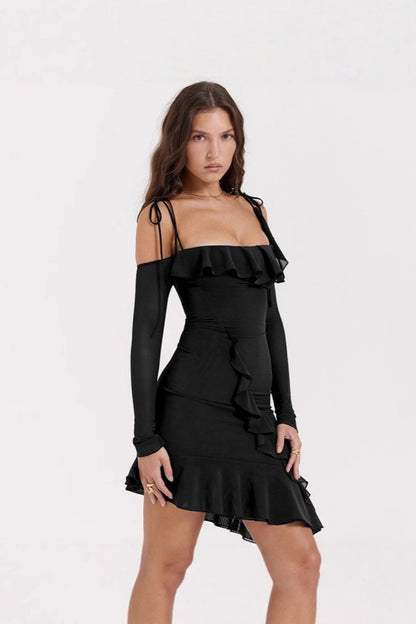 Square Neck Ruffle One Shoulder Long Sleeve Asymmetric Ruffle Hem Mini Dress