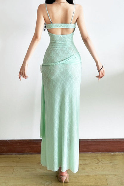 | Lace Mesh Floral Waist Cinched Cami Maxi Dress