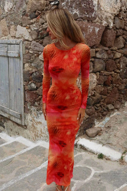 Open Back Horizontal Strap Long Sleeve Abstract Print Mesh Bodycon Maxi Dress