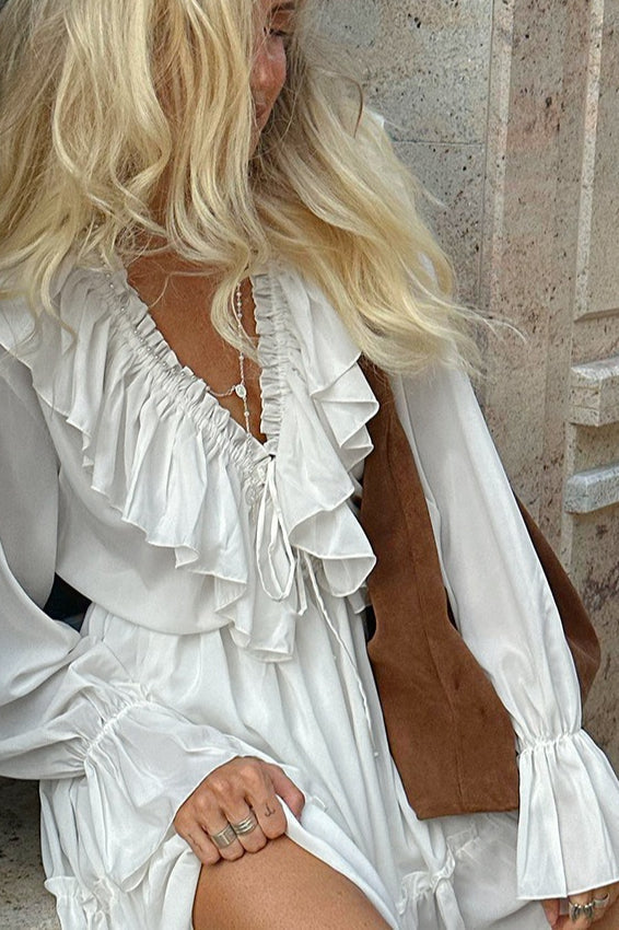 Chiffon Deep V-Neck Ruffle Trim Flared Cuff Long Sleeve Tiered Mini Dress