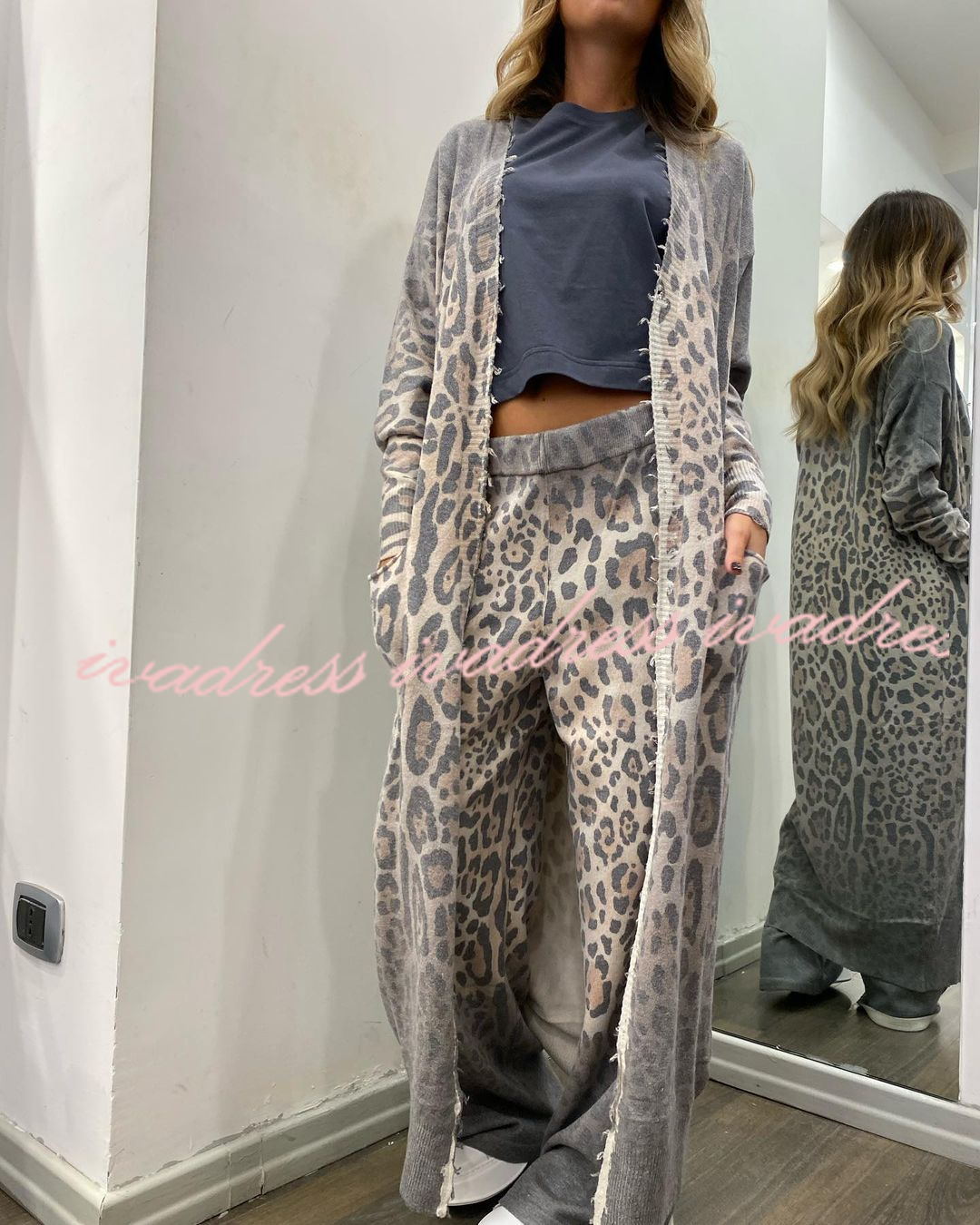 Comfort first Leopard Print Pocket Long Sleeve Cardigan Elastic Waist Pants Set