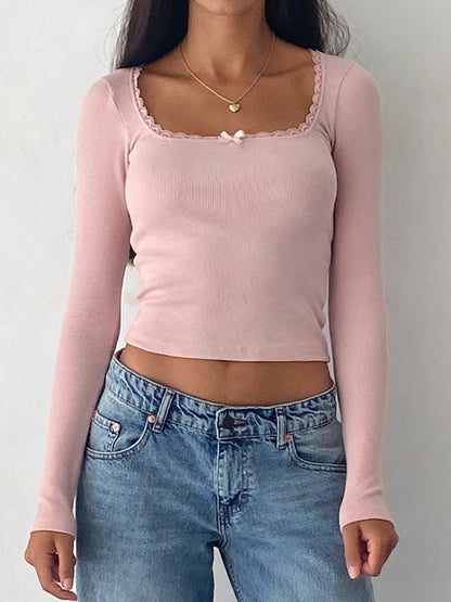 Solid Color U Neck Lace Trim Long Sleeve Knit