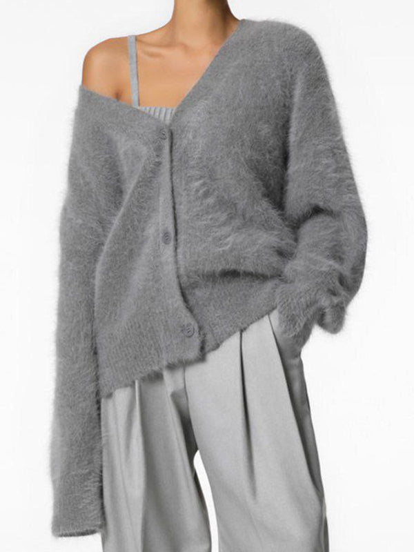 Fuzzy V Neck Loose Cardigan Sweater