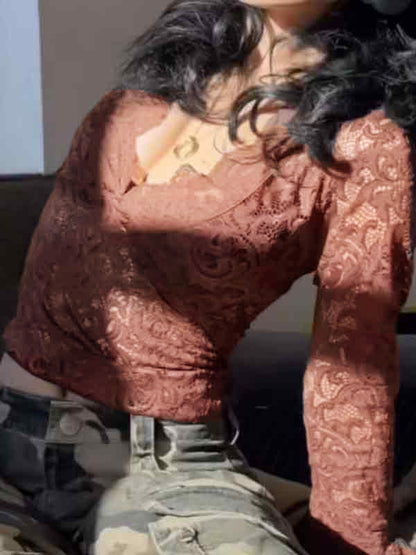 Lace V Neck Slim Flare Design Long Sleeve Shirt