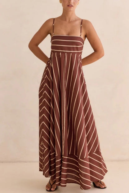 Striped Print Square Neck Spaghetti Strap High Waist Casual Maxi Dress