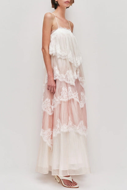 Caroline Gradient Layered Lace Trim Tiers Adjustable Straps Backless A-line Maxi Dress