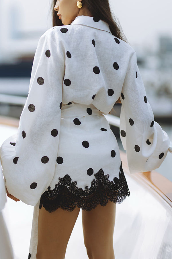 Lulabell Linen Blend Polka Dot Lantern Sleeve Shirt and Warp Tie-up Lace Trim Skirt Set
