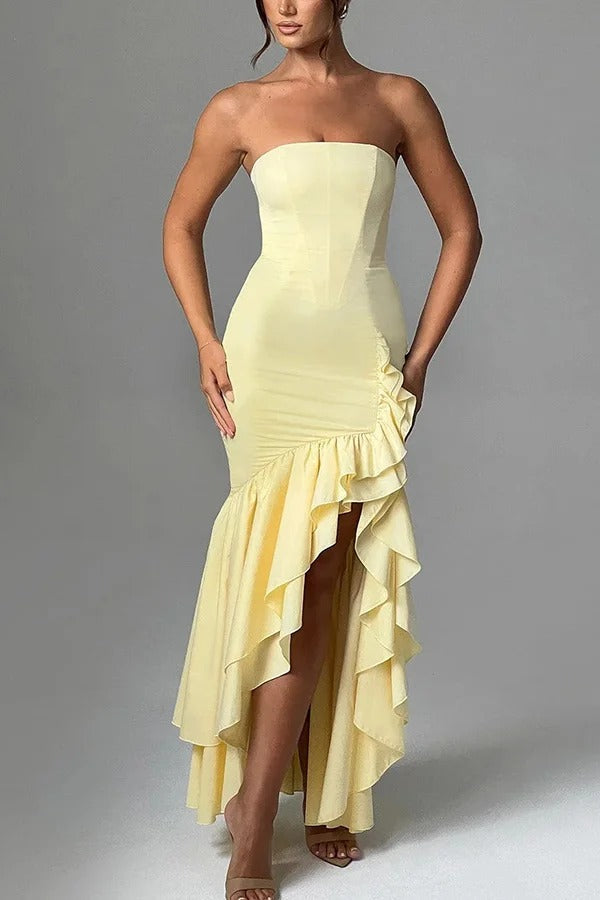 Strapless Ruched Hip Cascade Tiered Ruffle High-Low Maxi Gown