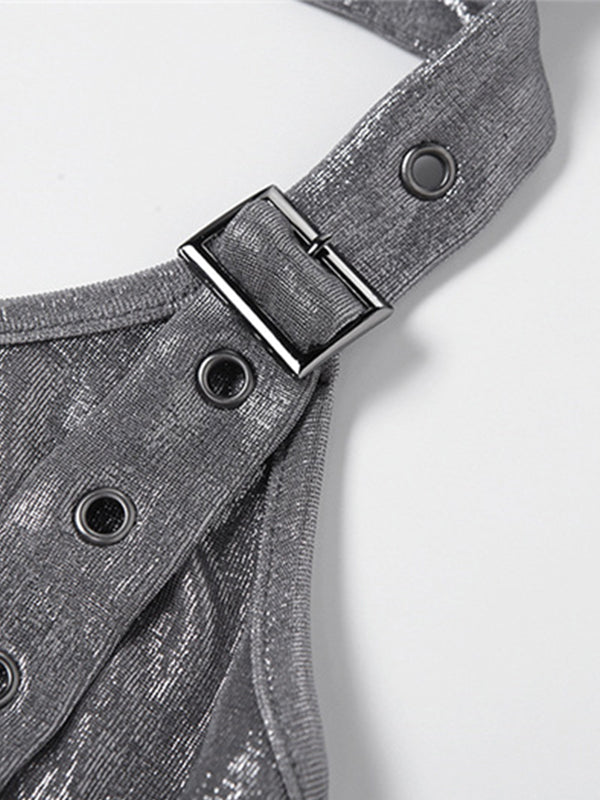 Metallic Eyelet Buckle Hooded Halter Vest