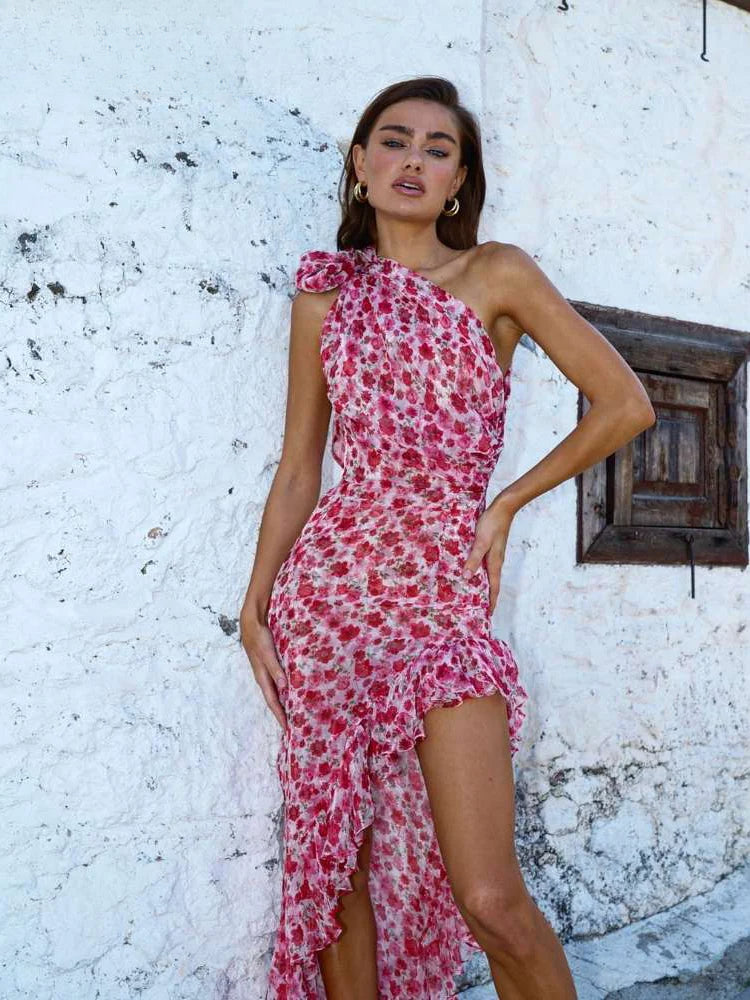 Floral Irregular Ruffle Strap Midi Dress