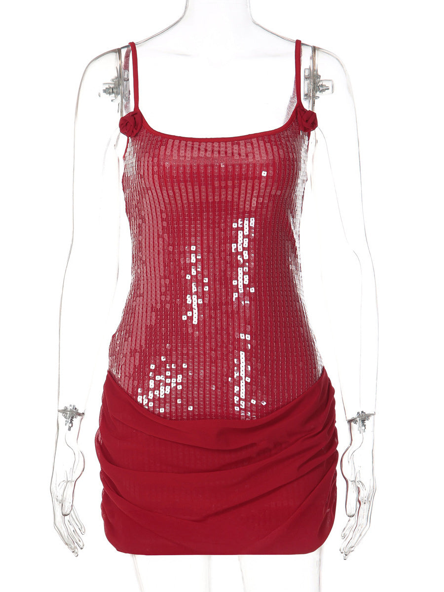 Rose Detail Sequin Square Neck Bodycon Mini Party Dress For Women 2026