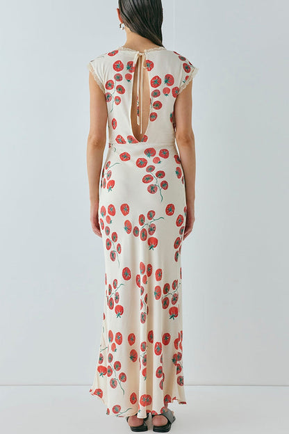 Vintage Inspired Tomato Print Lace Trim Open Back Tie-up Maxi Dress