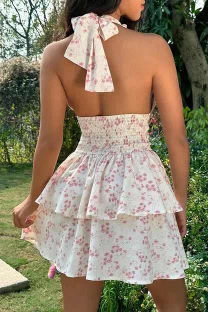 Floral Halter Plunging V Neck Smocked Waist Tiered Ruffle Mini Dress