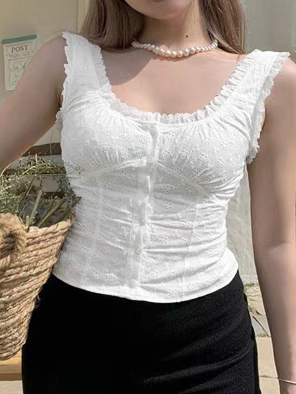 French Cutout Trim U Neck Tank Top