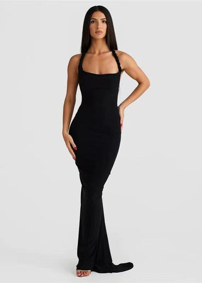 One Shoulder Asymmetric Drape Twisted Strap Bodycon Maxi Dress