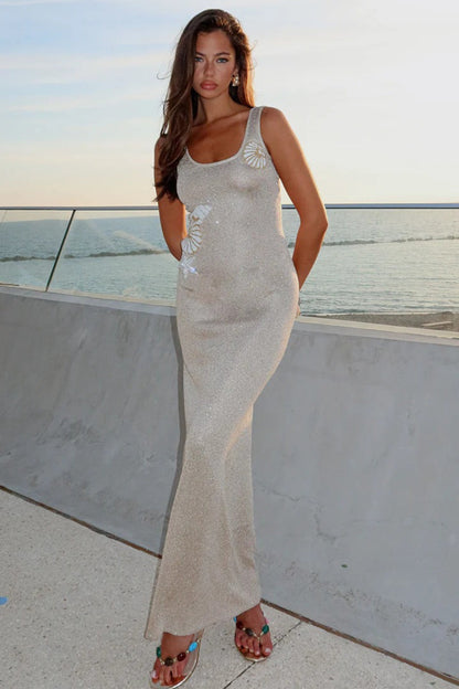 Scoop Neck Shimmer Knit Shell Applique Beaded Bodycon Midi Dress