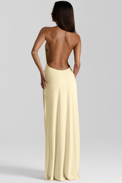 | Solid Halter Deep V Backless Slit Maxi Dress