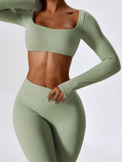 Solid Quick Dry Square Neck Cropped Active Top & Pants Set