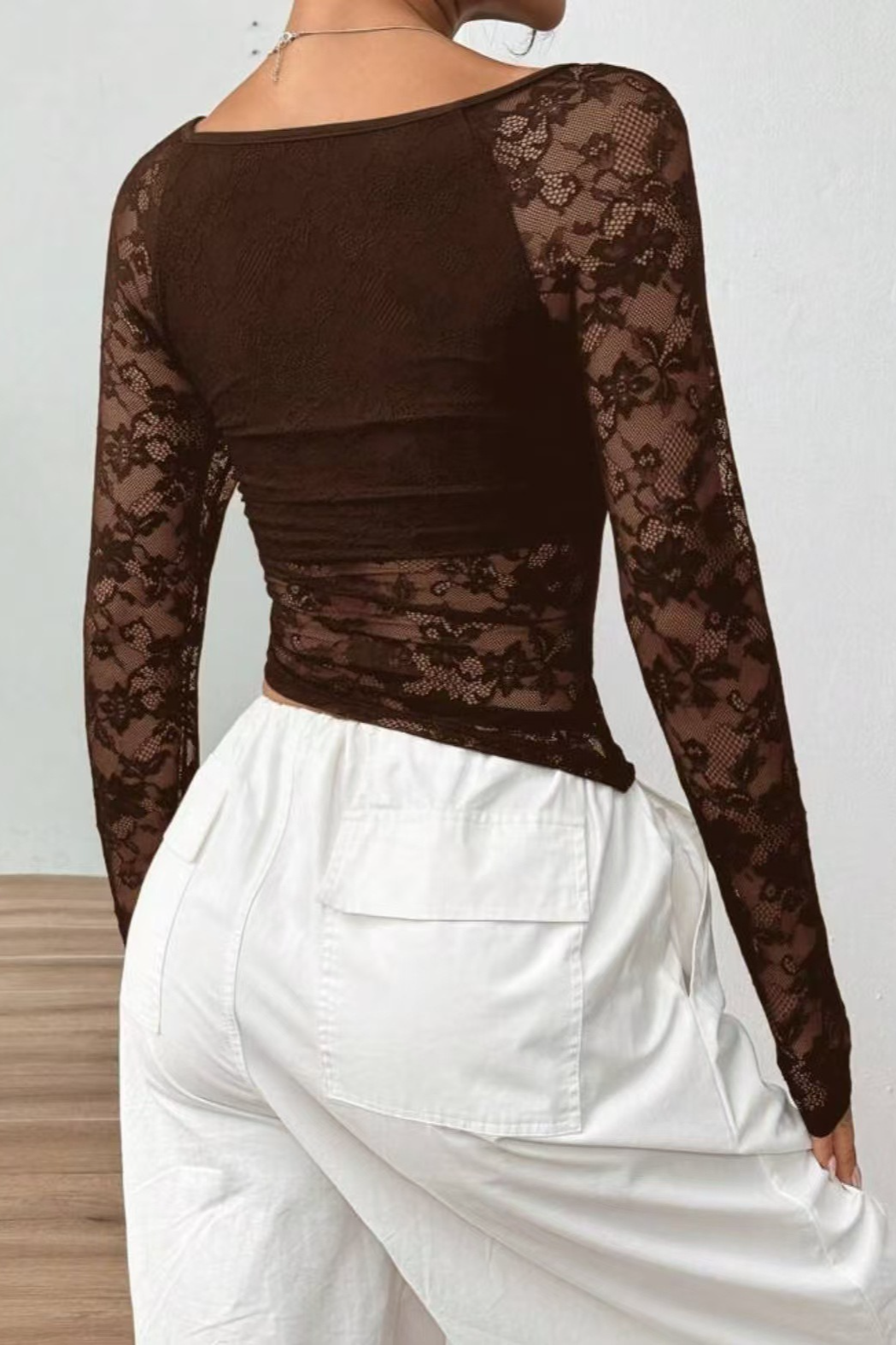 Solid Sheer Lace Mesh Slim Short Crop Top
