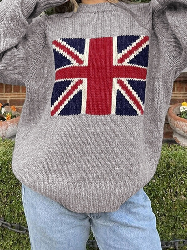 Flag Jacquard Crew Neck Pullover Sweater