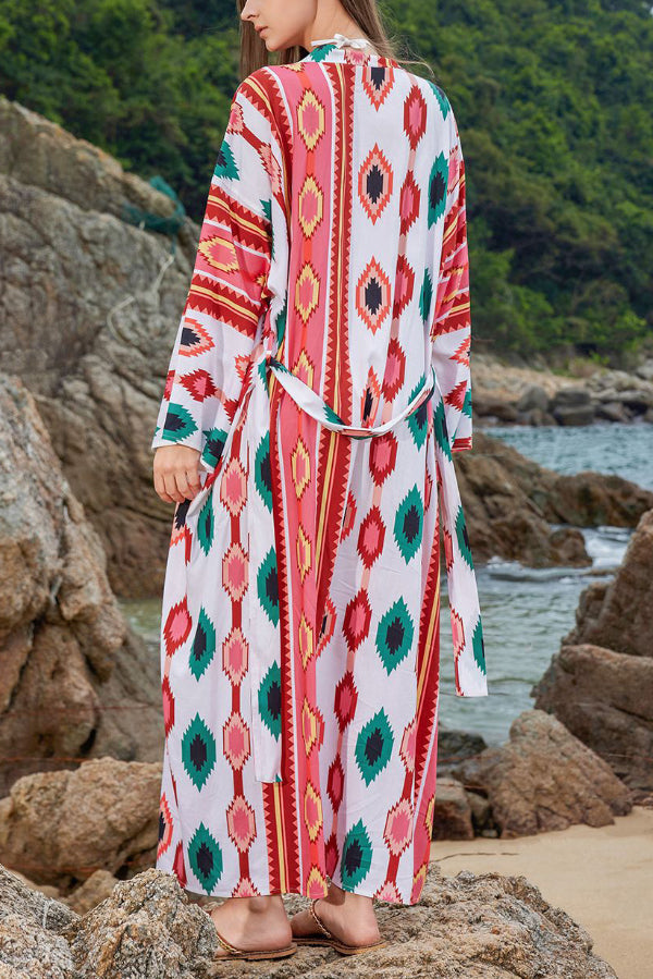Unique Printed Loose Long-Sleeved Tie-Waist Holiday Extra-Long Cover-Up Robe