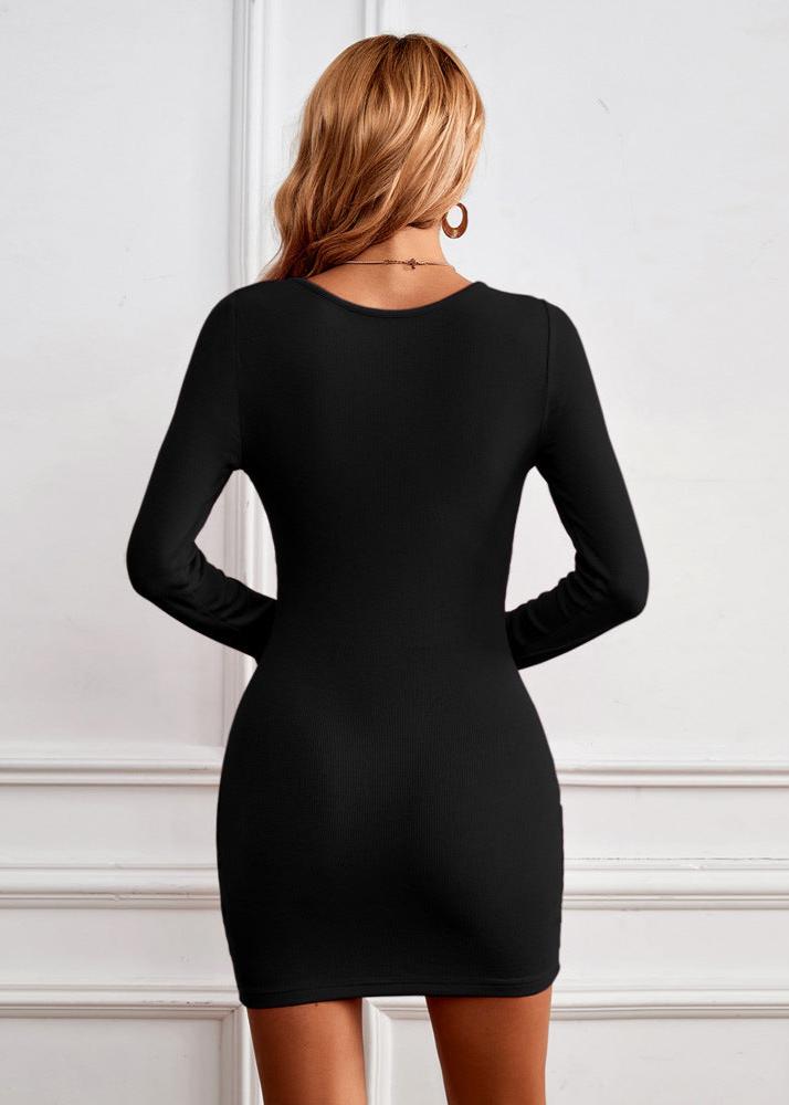 Rib Knit Scoop Neck Button Front Bell Cuff Bodycon Mini Dress